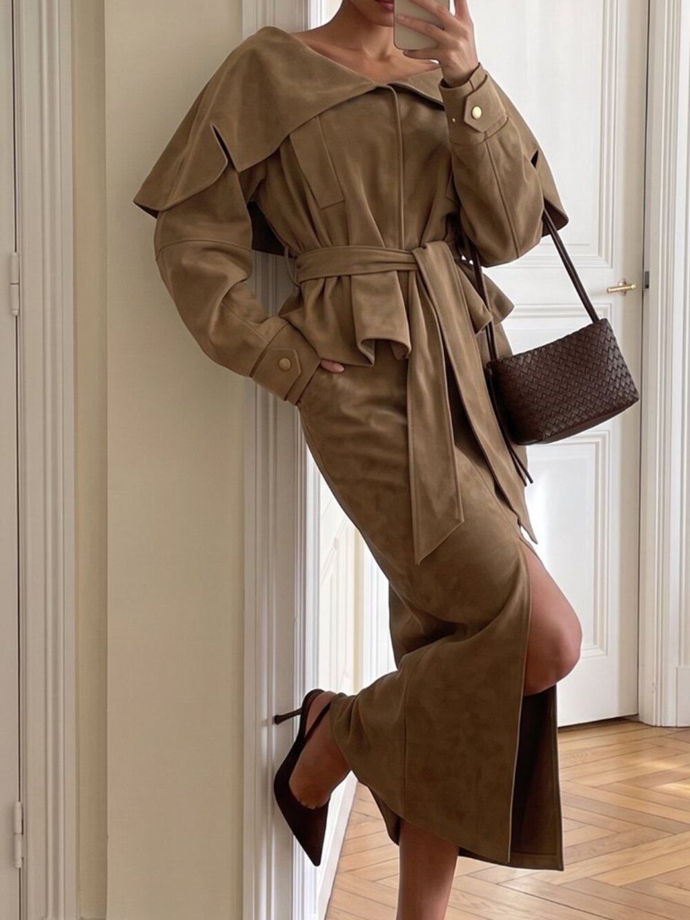 Brown Elegant Women's Faux Suede Oversized Trench Coat